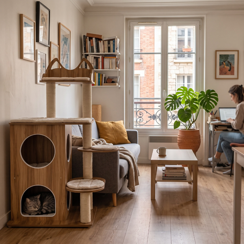 Arbre à Chat 122cm Bois Naturel — Double Condo & Coussins Lavables | Oakley