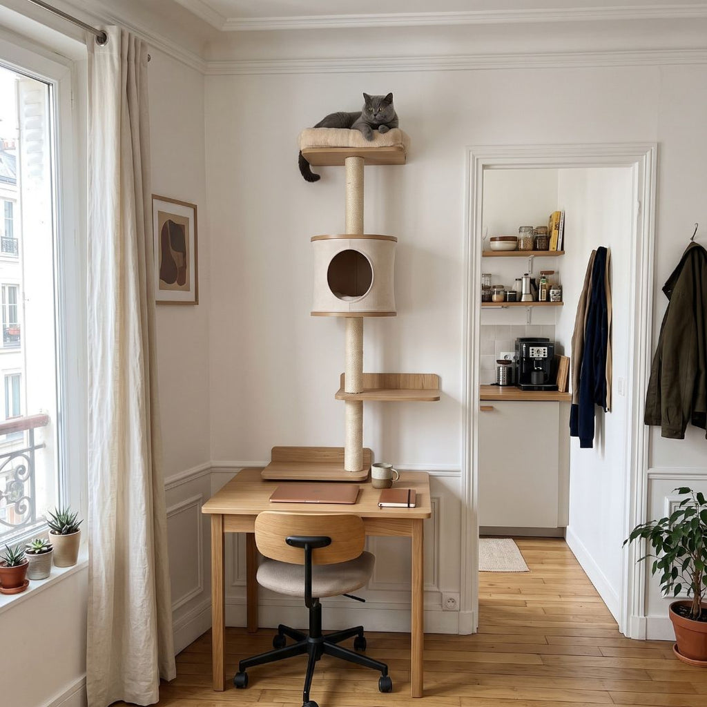 Arbre à Chat Mural 150cm — Parcours Escalade 5 Niveaux & Hamac | Muraï