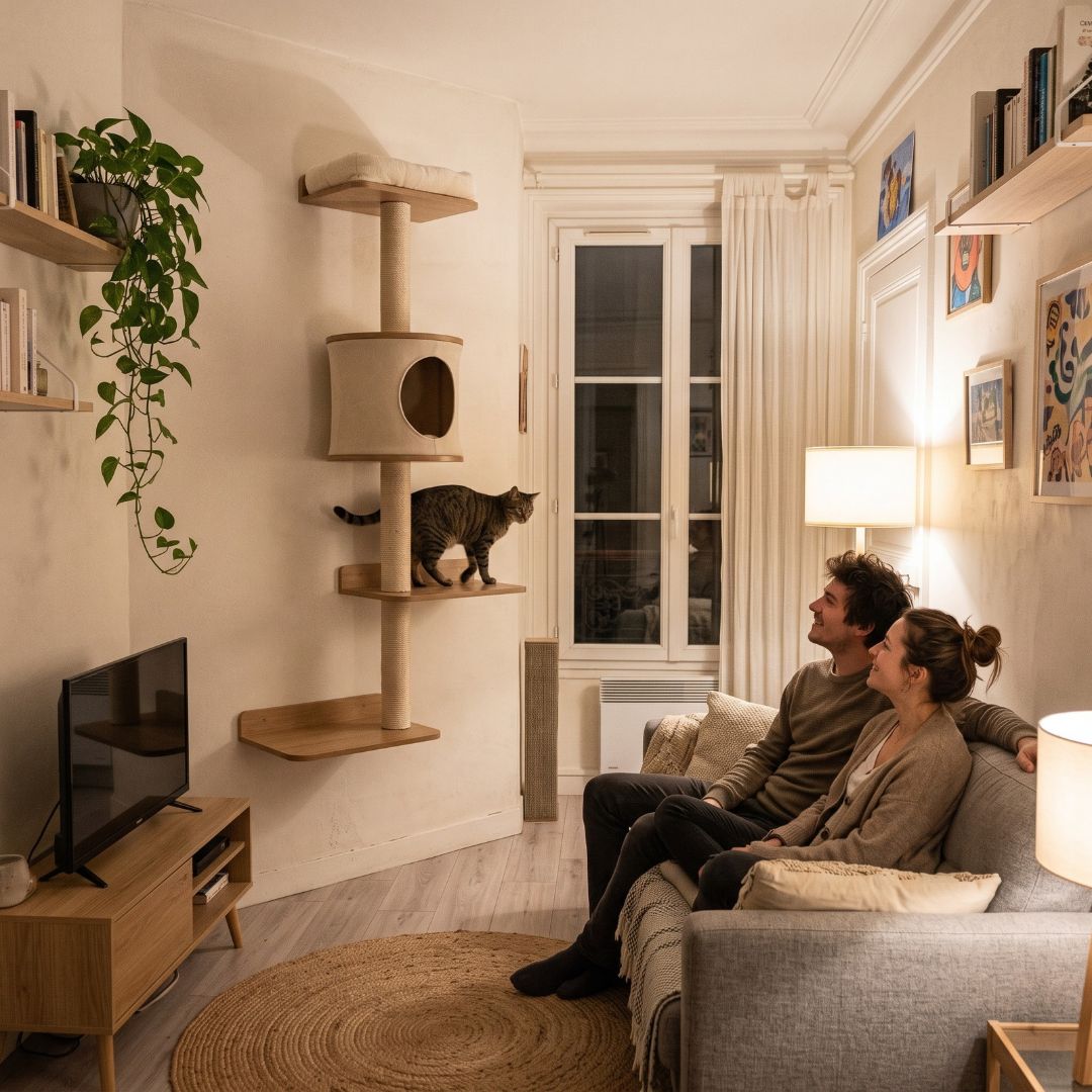Arbre à Chat Mural 150cm — Parcours Escalade 5 Niveaux & Hamac | Muraï