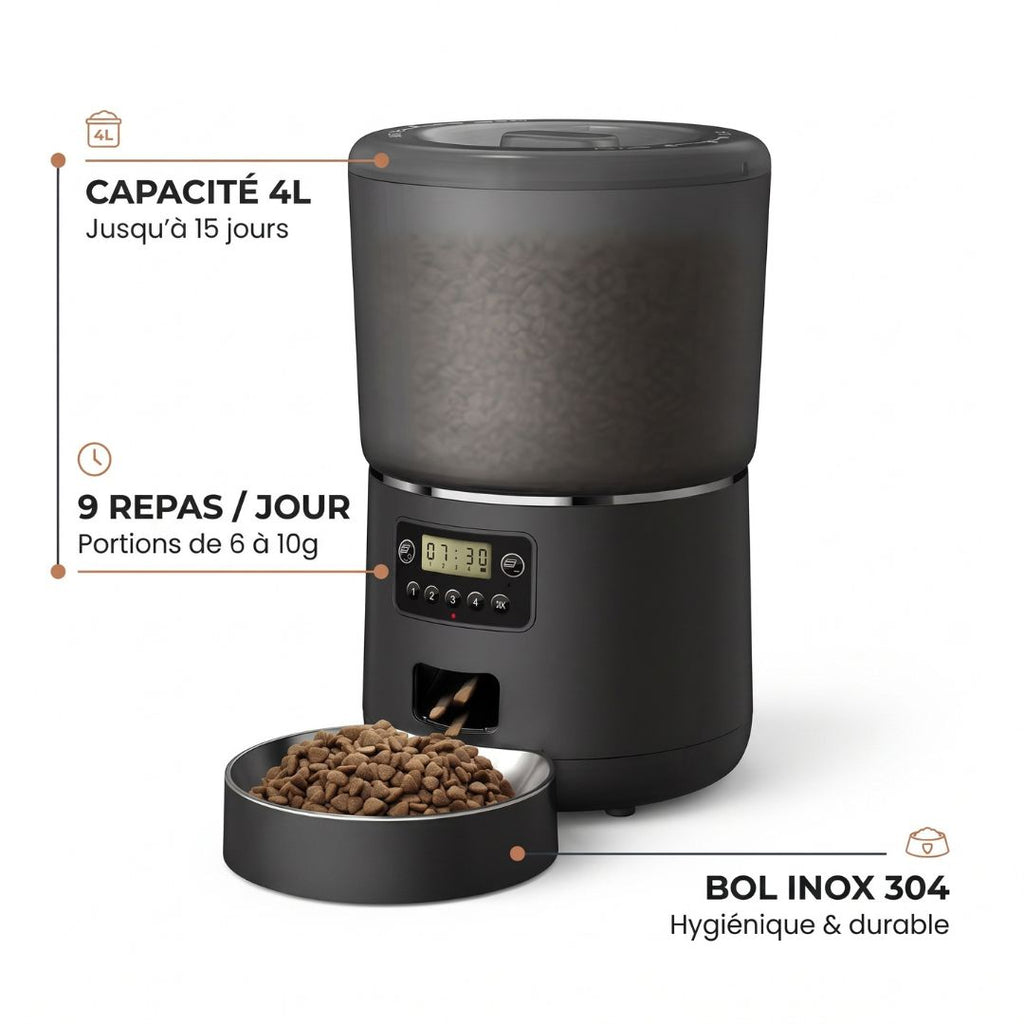 Distributeur Automatique de Croquettes 4L — Anti-Insectes & Bol Inox | Miam