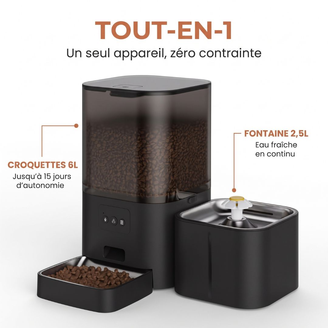 Distributeur de Croquettes 2-en-1 6L + Fontaine 2,5L — Connecté WiFi | Nourri