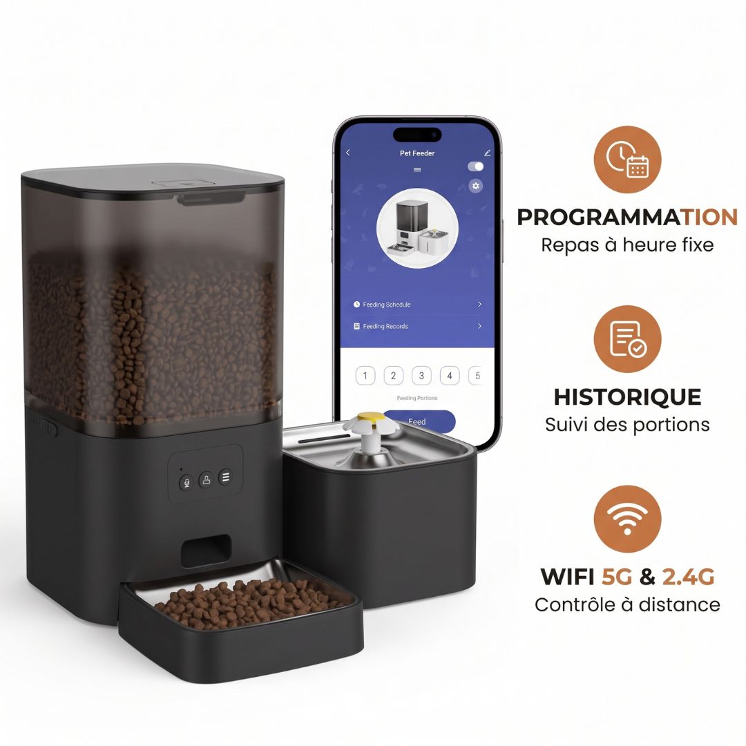 Distributeur de Croquettes 2-en-1 6L + Fontaine 2,5L — Connecté WiFi | Nourri