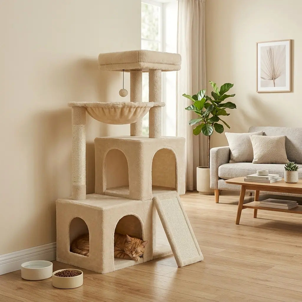 Arbre à Chat 104cm Double Condo — Hamac & Rampe Griffoir | Nido
