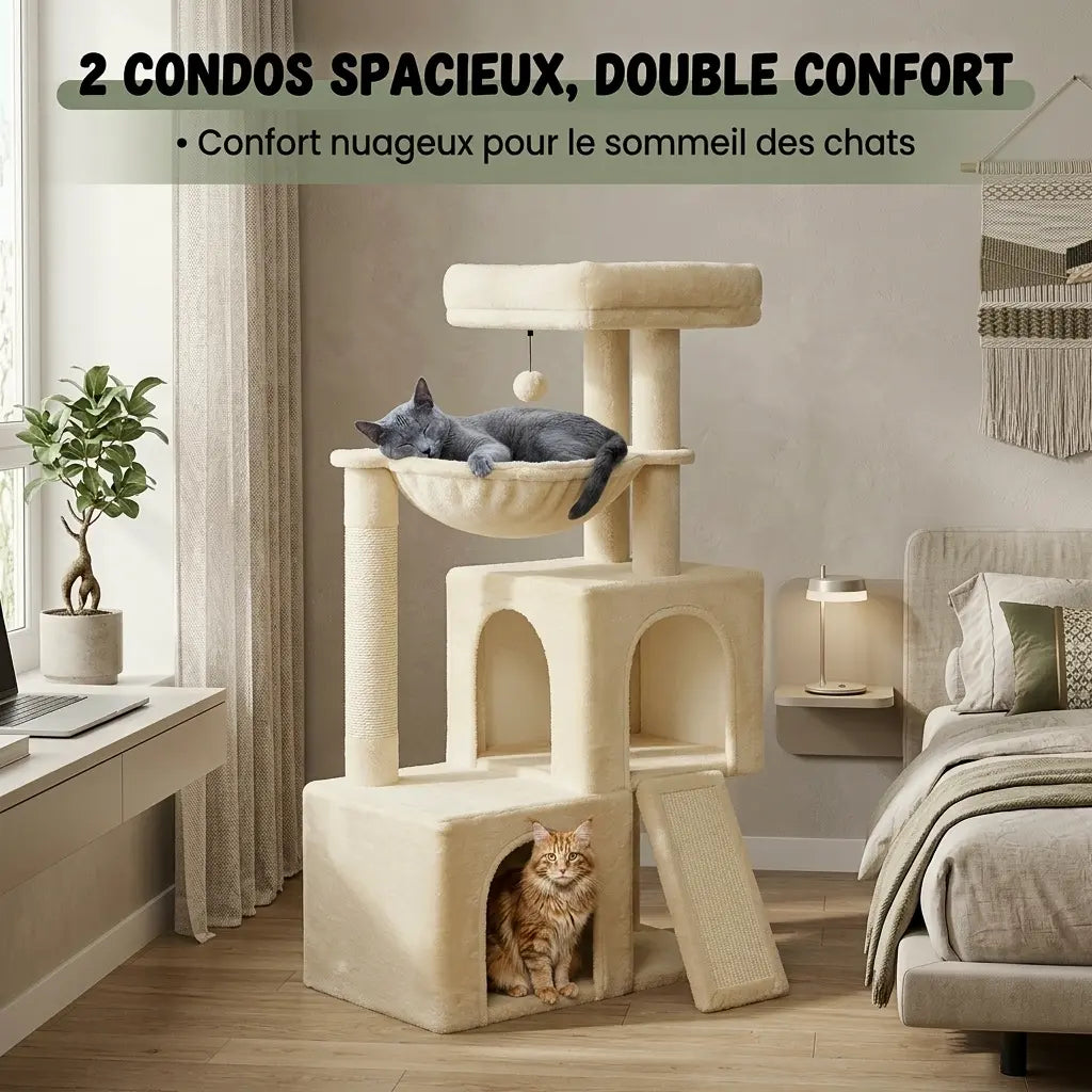 Arbre à Chat 104cm Double Condo — Hamac & Rampe Griffoir | Nido