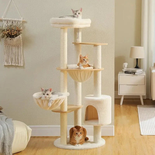 Arbre à Chat 136cm Design Bois — 2 Hamacs & Condo | MiaBois