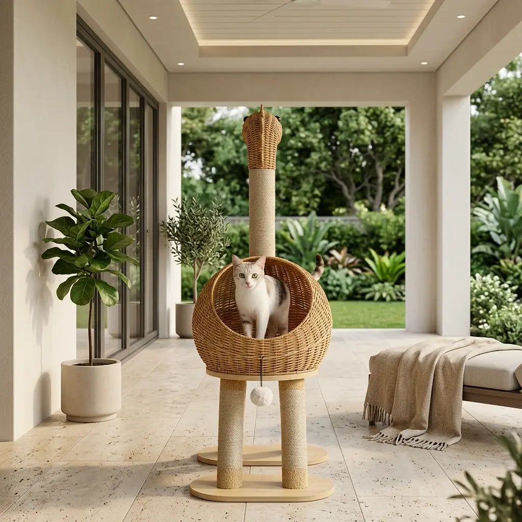 Arbre à Chat Dinosaure 116cm Rotin Tressé — Griffoir Sisal Naturel | Dino