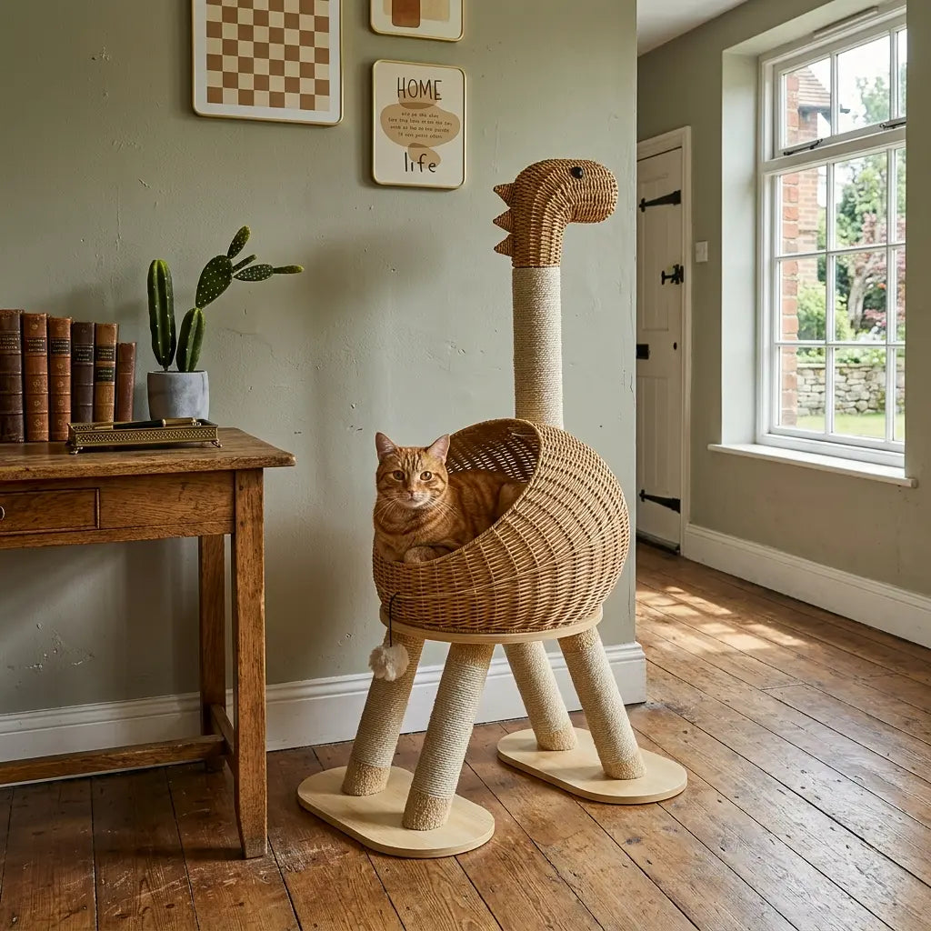 Arbre à Chat Dinosaure 116cm Rotin Tressé — Griffoir Sisal Naturel | Dino