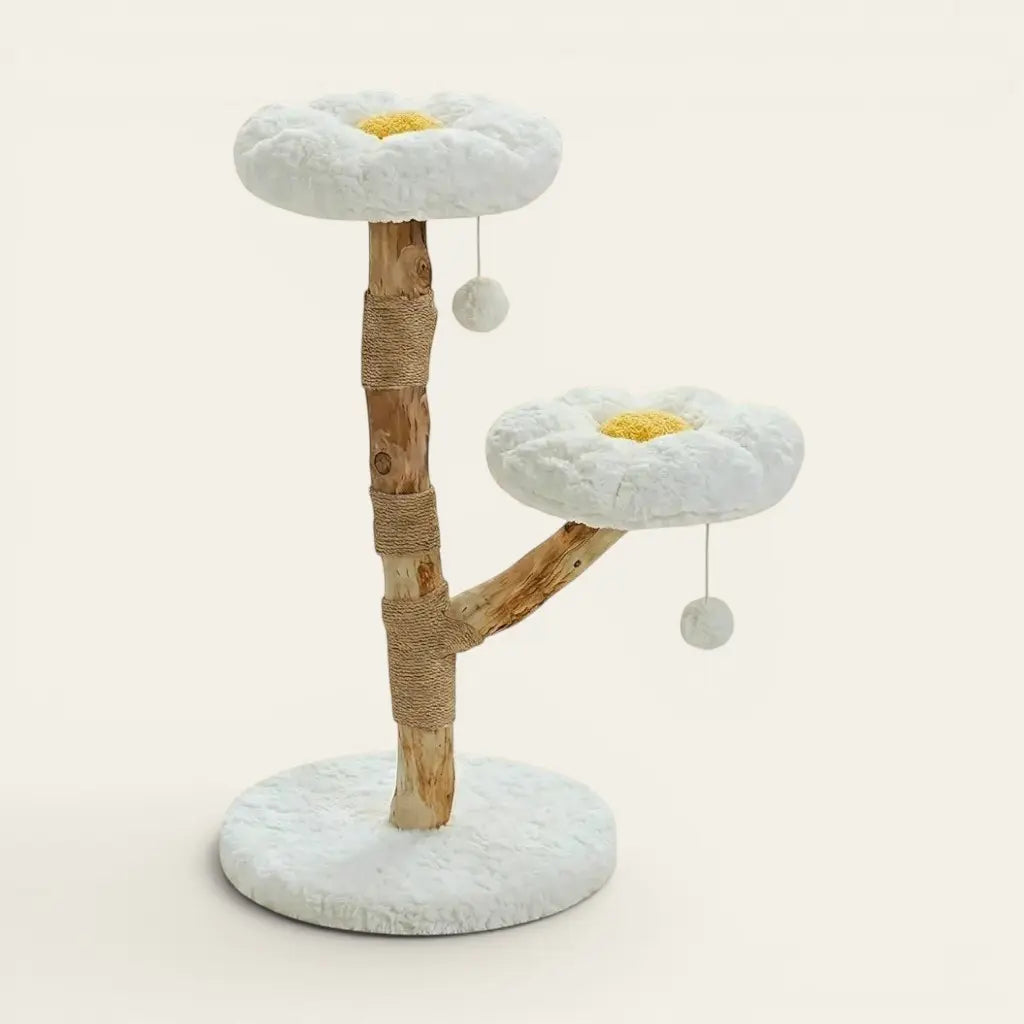 Arbre à Chat Fleur 92cm Bois Naturel — 2 Coussins Pétales & Sisal | Flora