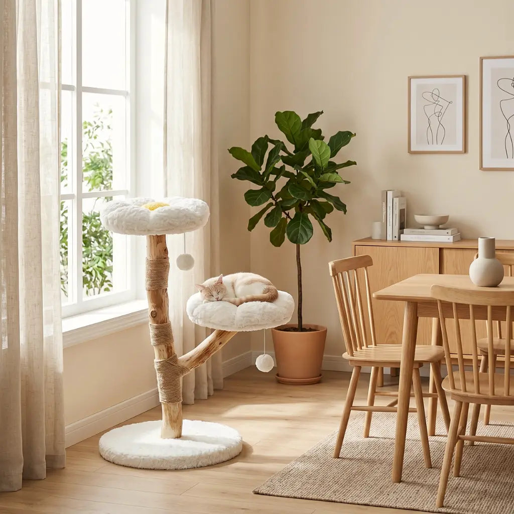 Arbre à Chat Fleur 92cm Bois Naturel — 2 Coussins Pétales & Sisal | Flora