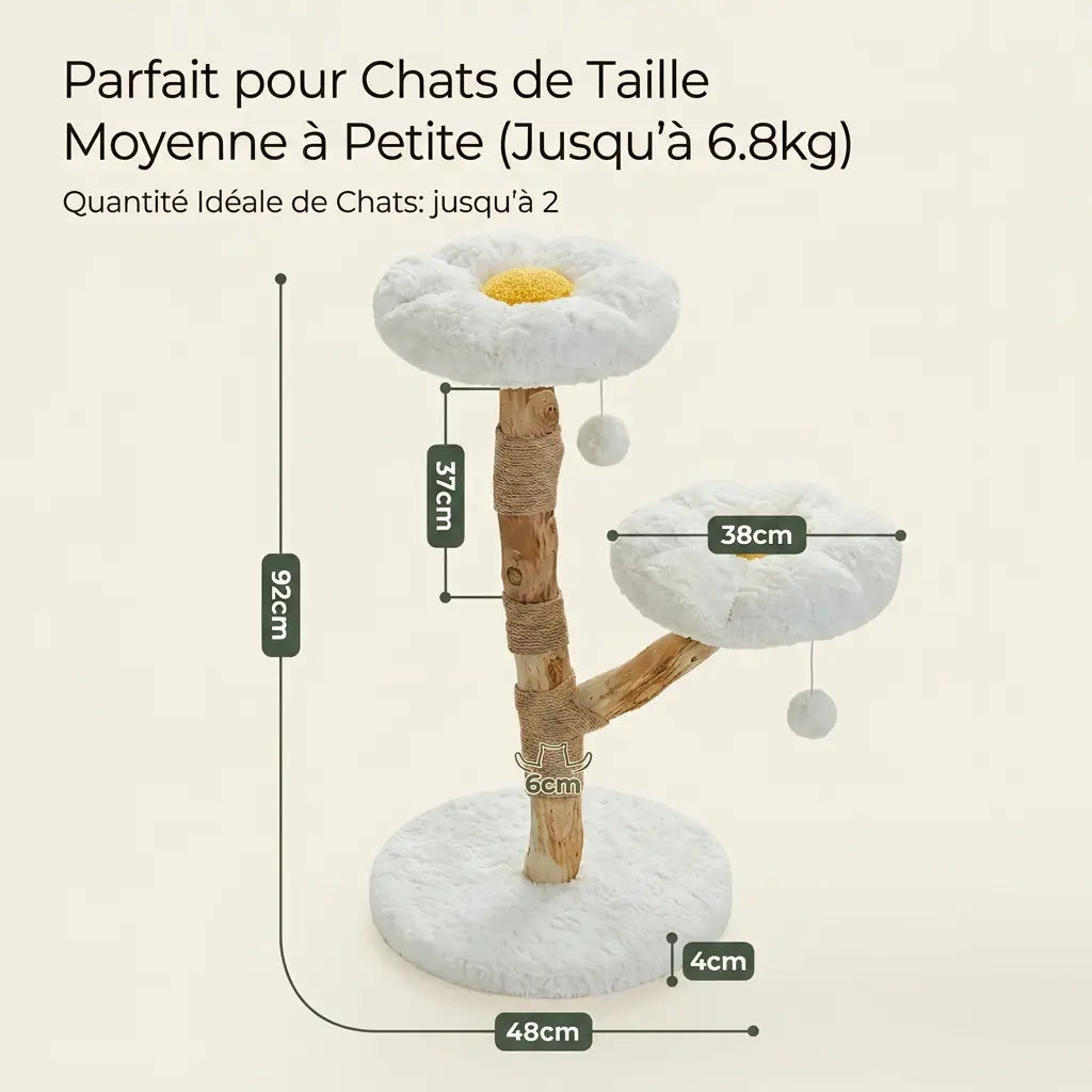 Arbre à Chat Fleur 92cm Bois Naturel — 2 Coussins Pétales & Sisal | Flora