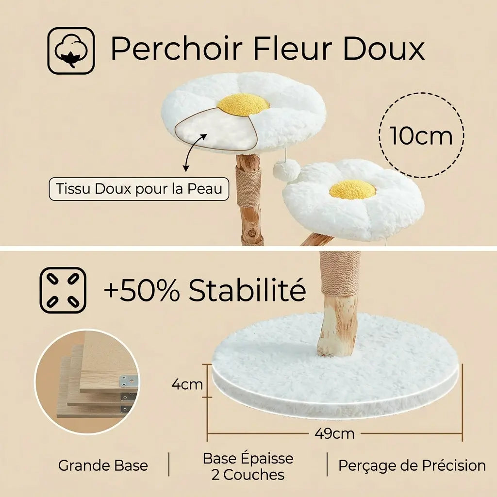 Arbre à Chat Fleur 92cm Bois Naturel — 2 Coussins Pétales & Sisal | Flora