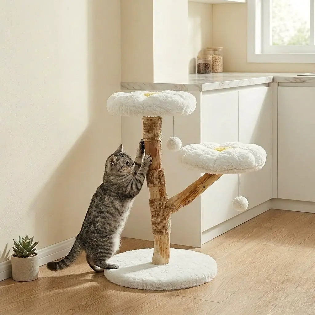 Arbre à Chat Fleur 92cm Bois Naturel — 2 Coussins Pétales & Sisal | Flora