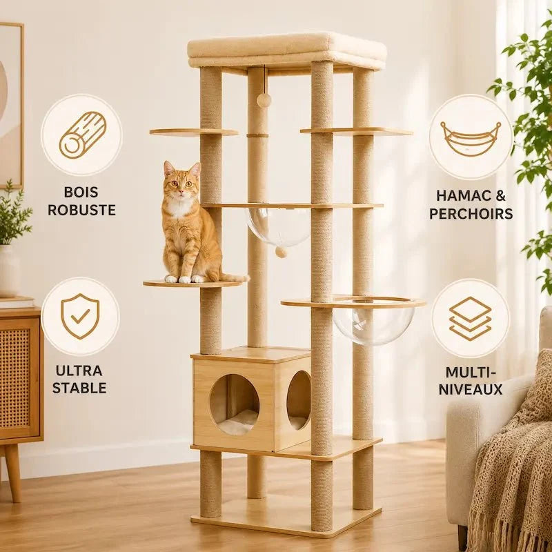 Arbre à chat intérieur bois – Hamac & perchoir | NatureCat