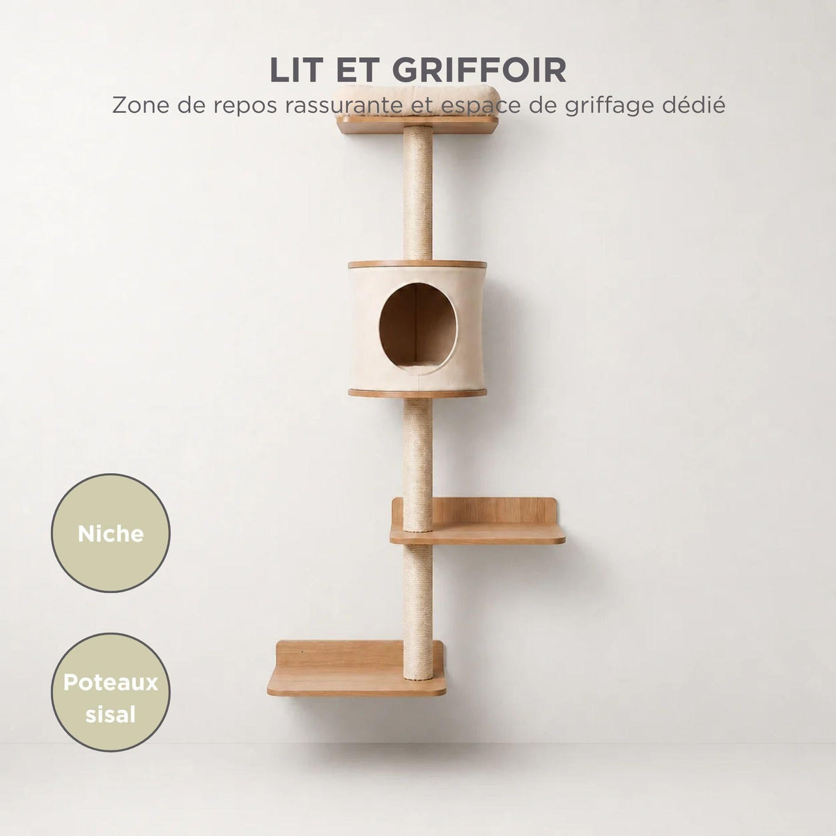 Arbre à Chat Mural 150cm — Parcours Escalade 5 Niveaux & Hamac | Muraï