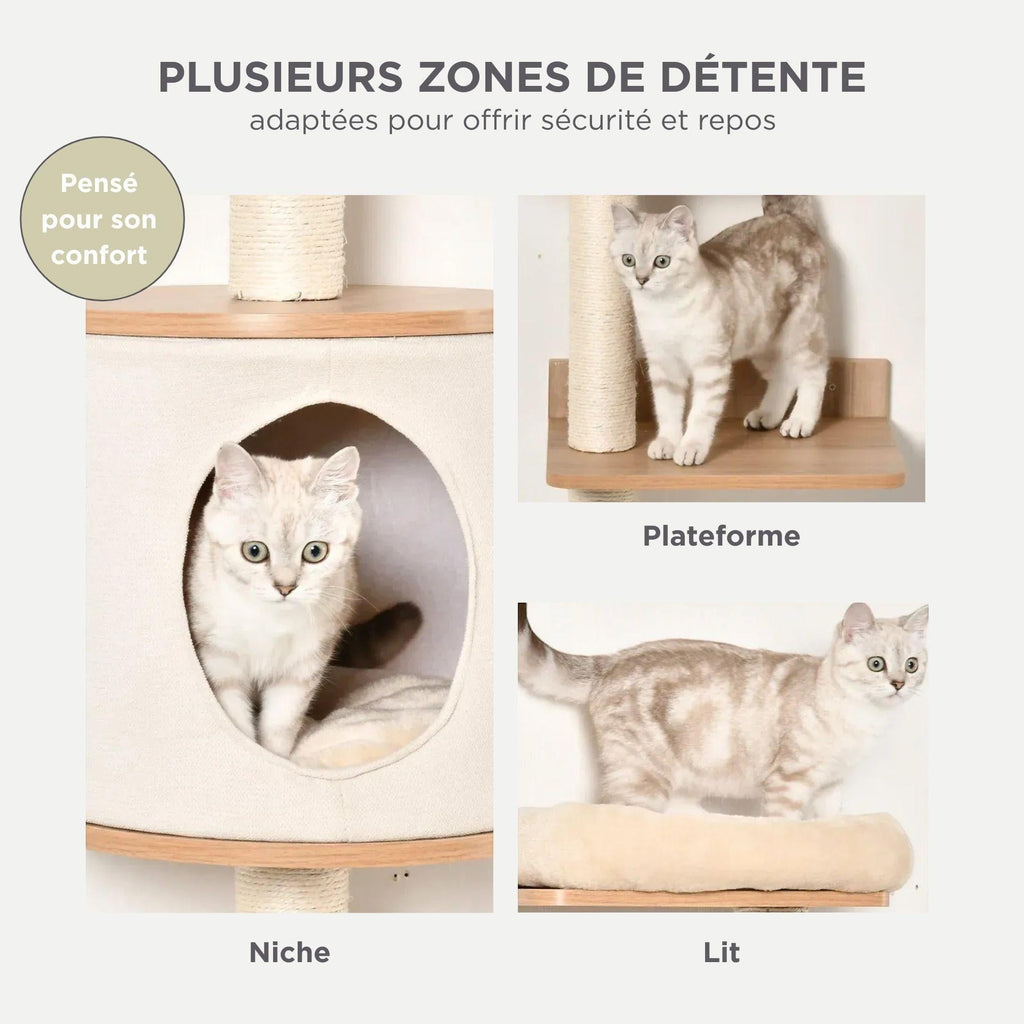 Arbre à Chat Mural 150cm — Parcours Escalade 5 Niveaux & Hamac | Muraï