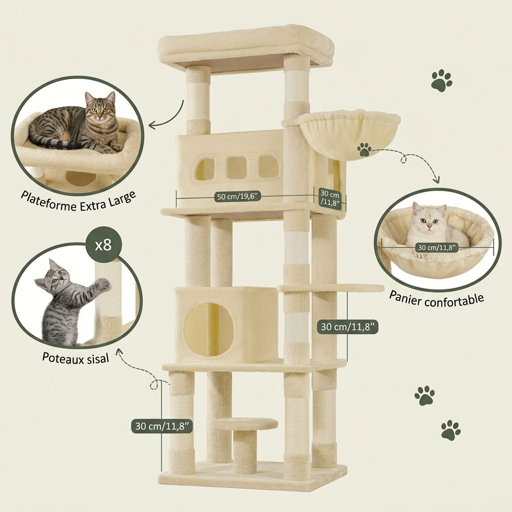 Arbre à Chat Géant 170cm — 2 Condos, 2 Hamacs, 8 Niveaux | Titan