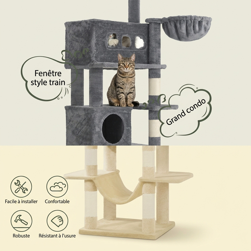 Arbre à Chat Géant 170cm — 2 Condos, 2 Hamacs, 8 Niveaux | Titan