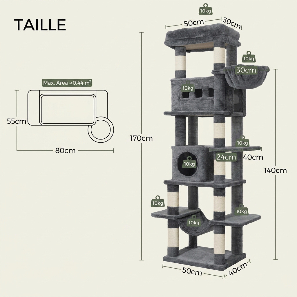 Arbre à Chat Géant 170cm — 2 Condos, 2 Hamacs, 8 Niveaux | Titan